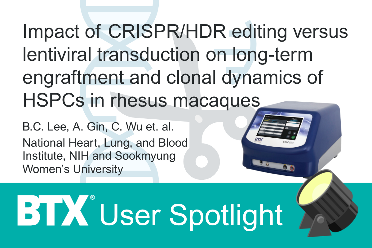 Impact of CRISPR/HDR editing versus lentiviral transduction on long-term engraftment and clonal dynamics of HSPCs in rhesus macaques - BTX User Spotlight - ECM 830 Electroporator